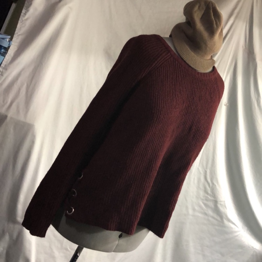 Cozy knitted burgundy Sweater laced up at hips Knitted sweater, long sleeve